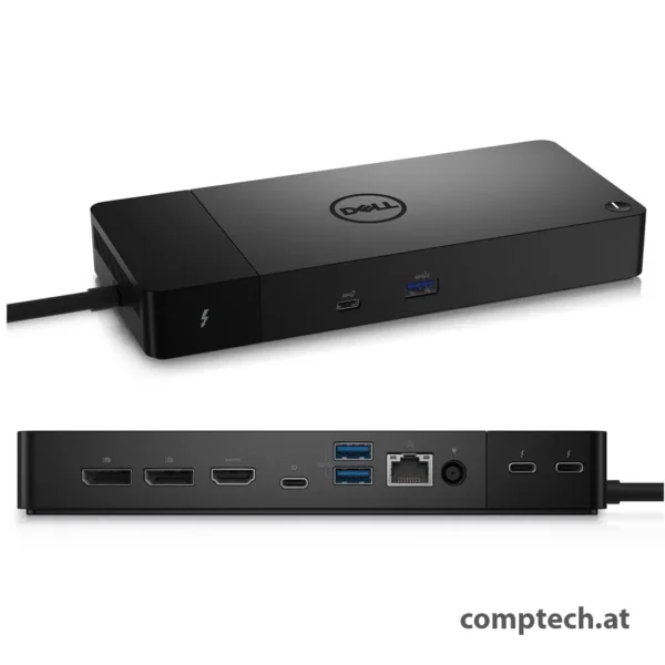 Dell WD22TB4 Thunderbolt 4 Dockingstation in Schwarz, mit Anschlüssen für 4K-Monitore und hoher Power Delivery für Laptops.