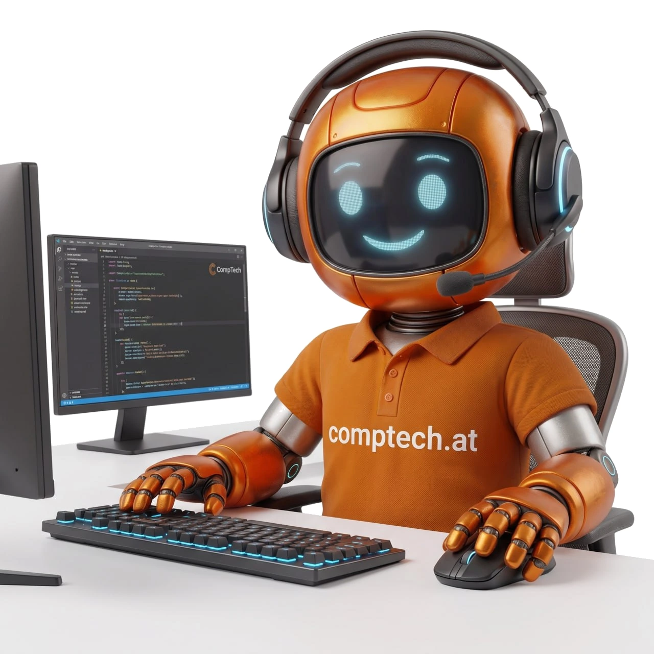 CompTech CT-Roboter-Maskottchen arbeitet am Bildschirm