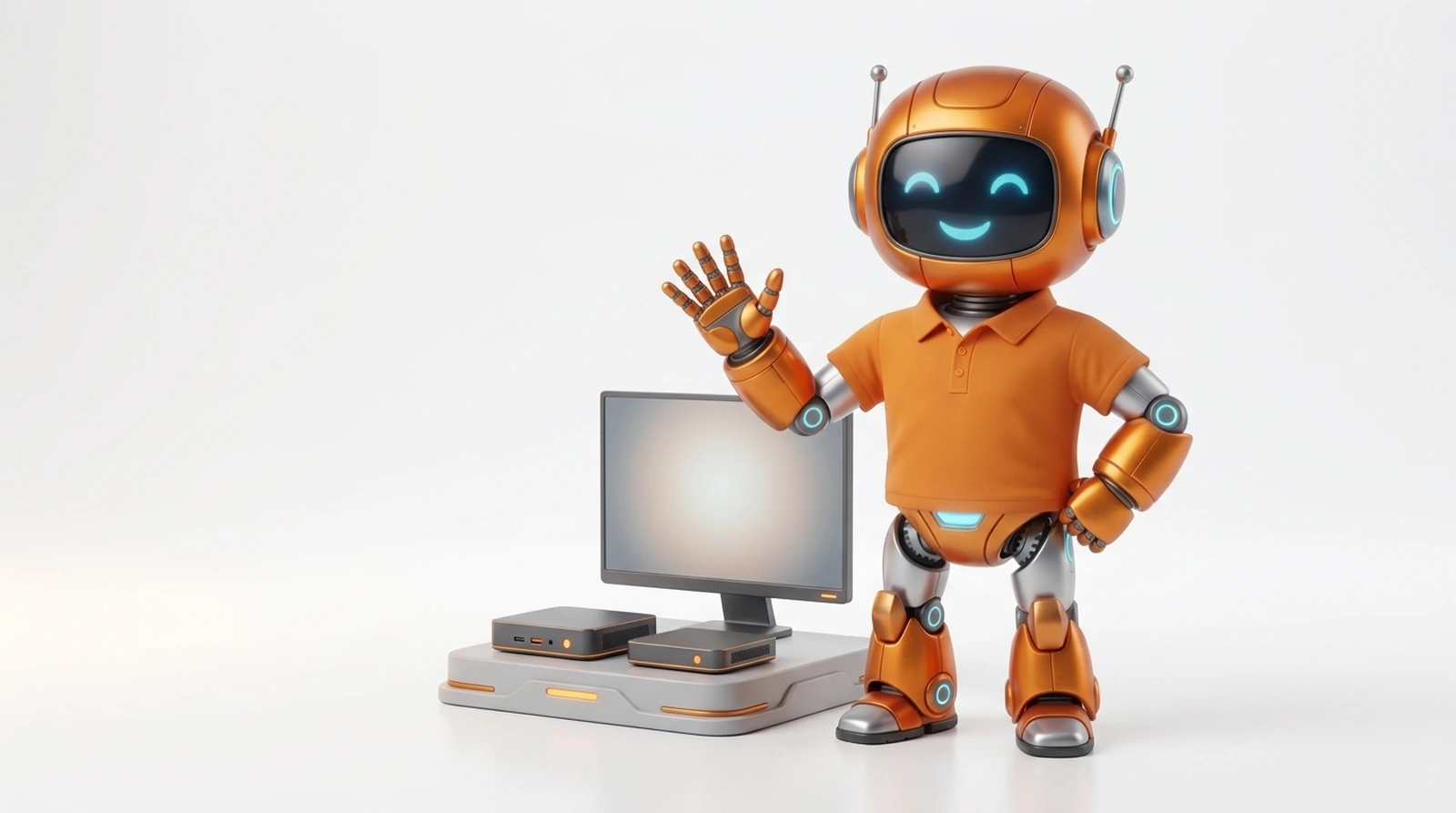 CT-Roboter-Maskottchen präsentiert platzsparende Mini-PCs und einen Monitor – Mini-PCs ab 119 € bei CompTech in Wien