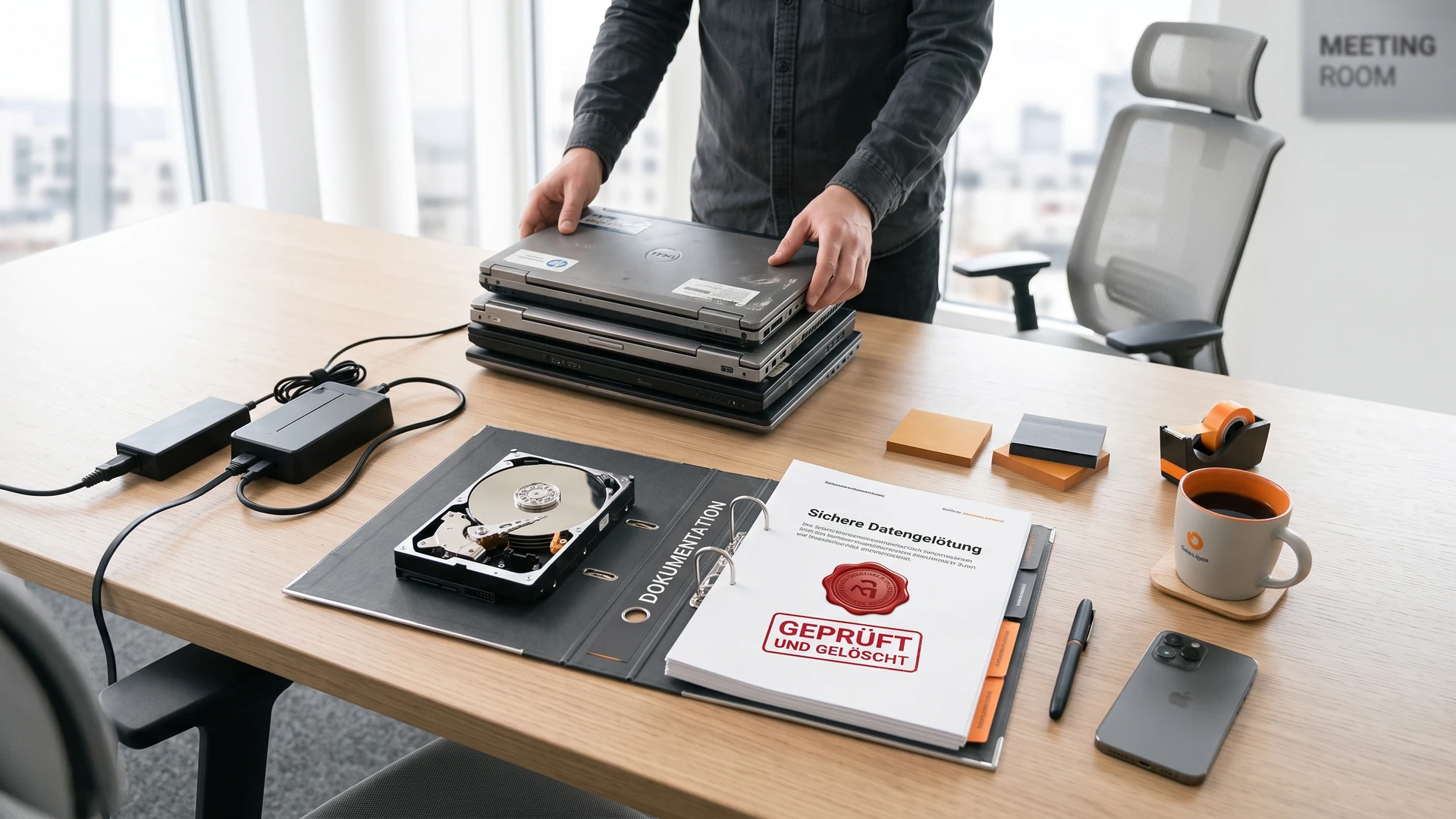 Ausgemusterte Laptops, offene Festplatte und Dokument mit dem Stempel GEPRÜFT UND GELÖSCHT – Datenlöschung nach NIST SP 800-88 bei CompTech Wien