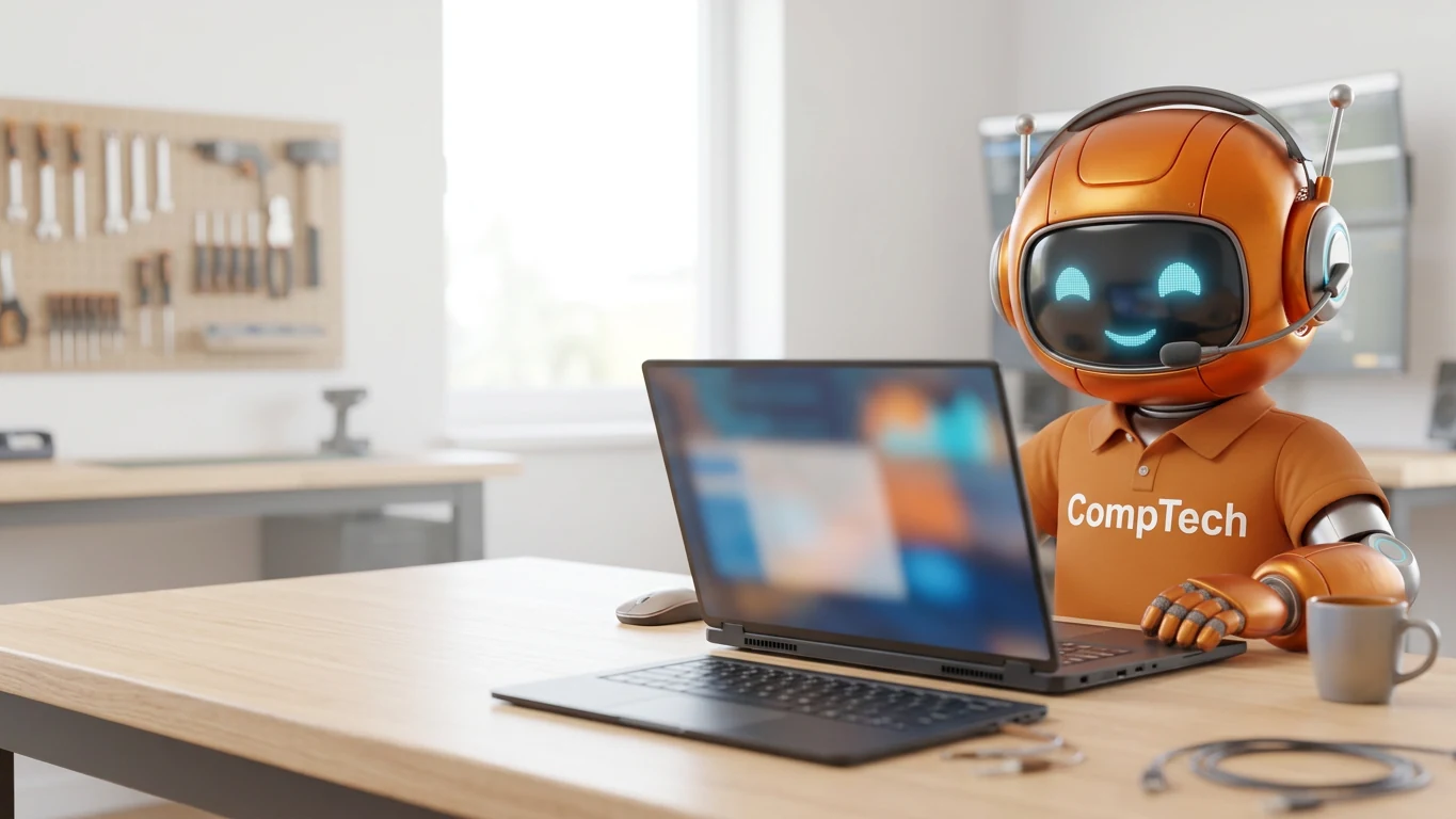 CompTech-Maskottchen mit Headset am Laptop – Fernwartung und PC-Hilfe per Fernzugriff für Wien