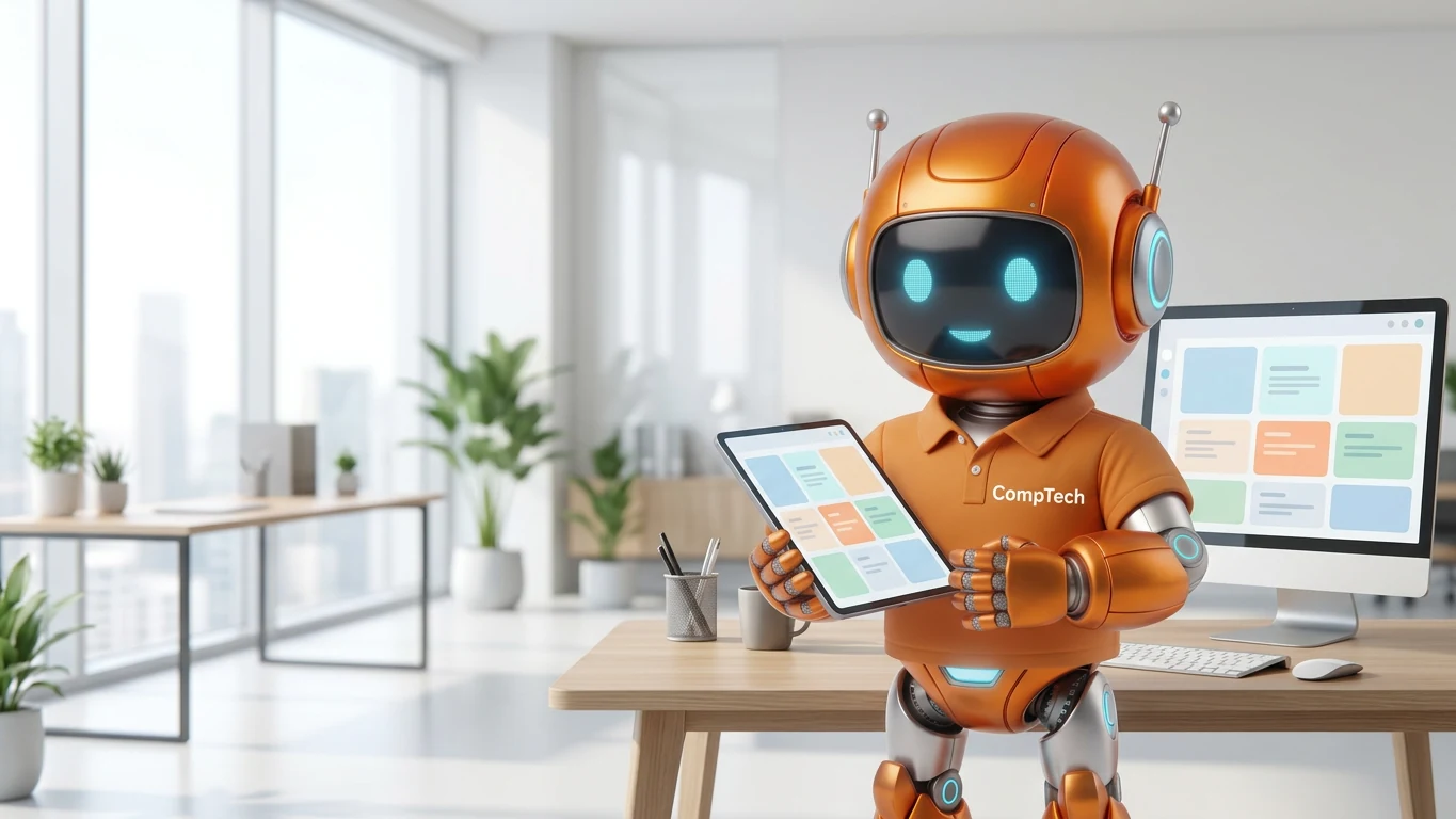 CompTech-Maskottchen mit Tablet vor einem KI-Dashboard – KI-Agenten und Automatisierung