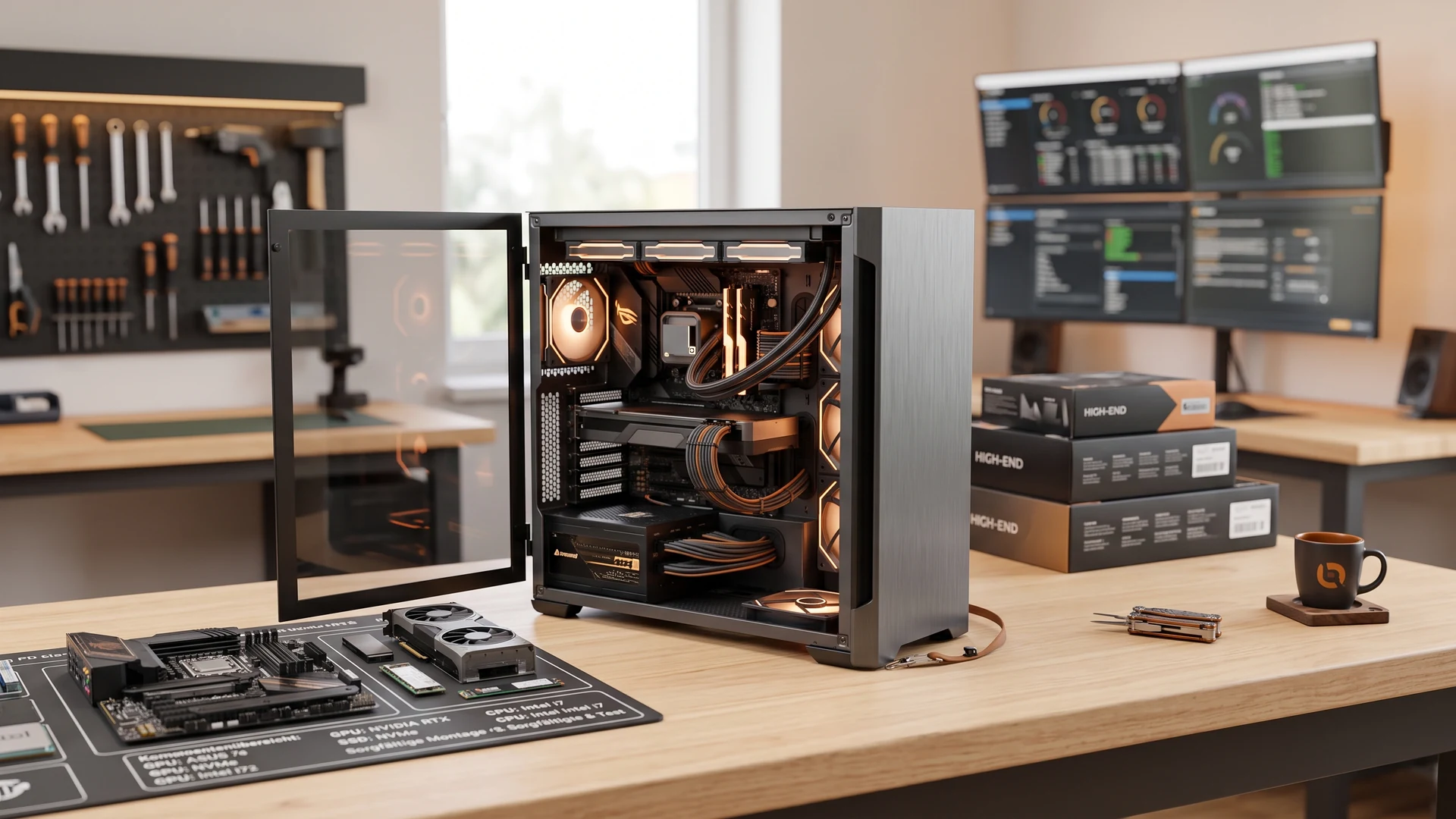 Innen sauber verkabelter Gaming-PC mit Wasserkühlung auf einer Werkbank – individuelle PC-Systeme nach Kundenwunsch bei CompTech Wien