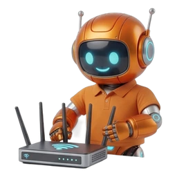 CT-Roboter-Maskottchen am WLAN-Router mit Funkwellen – Netzwerk und WLAN einrichten bei CompTech in Wien