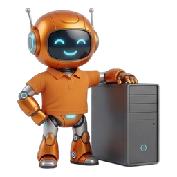 CT-Roboter-Maskottchen neben einem PC-Turm – individuelle PC-Systeme für Büro und Gaming bei CompTech in Wien