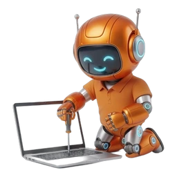 CT-Roboter-Maskottchen mit Schraubendreher am geöffneten Notebook – Laptop- und PC-Reparatur bei CompTech in Wien