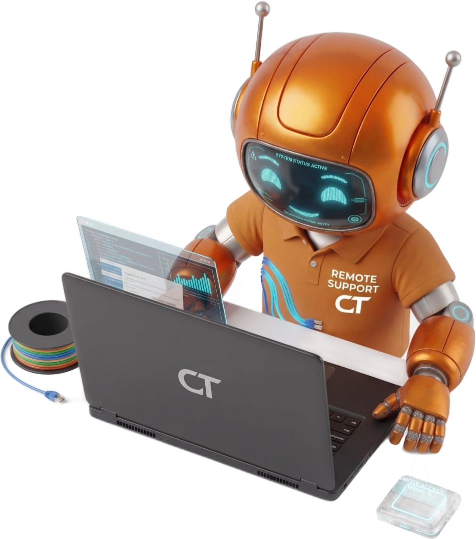CT-Roboter-Maskottchen bei der Fernwartung am Laptop