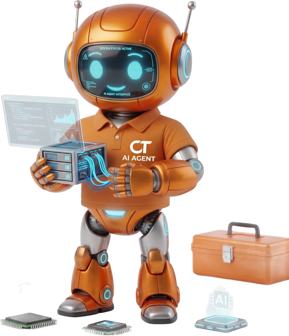CT-Roboter-Maskottchen als KI-Agent mit Hologramm, Server und Chips