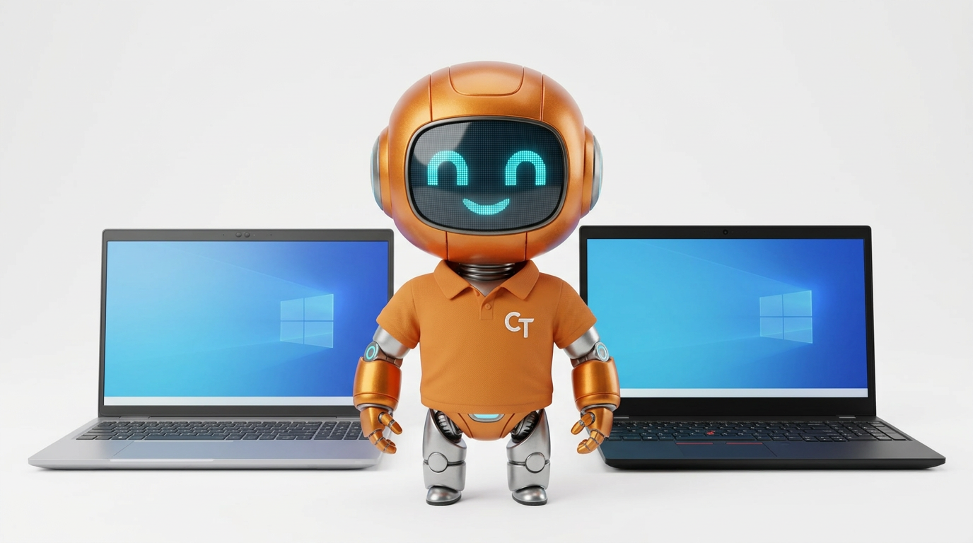 CompTech-KI-Maskottchen präsentiert zwei refurbished Business-Notebooks im Vergleich: Dell Latitude 5520 und Lenovo ThinkPad T590