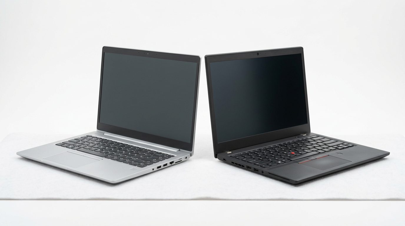Zwei refurbished Business-Notebooks nebeneinander: Dell Latitude 5520 und Lenovo ThinkPad T590 im Vergleich bei comptech.at