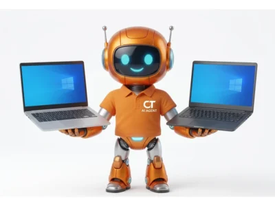 CompTech-KI-Maskottchen hält zwei refurbished Business-Notebooks – Dell Latitude 5520 und Lenovo ThinkPad T590 im Vergleich