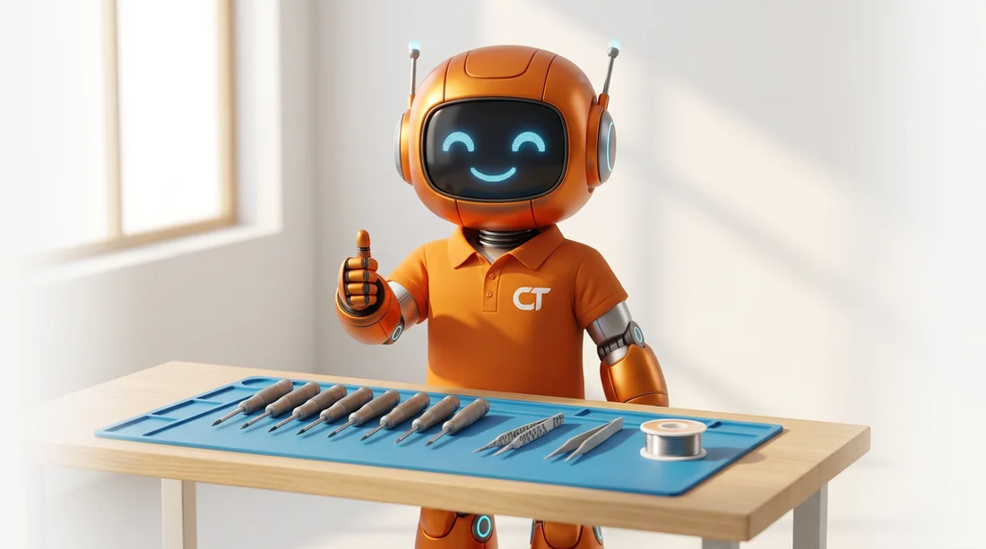 CT-Roboter-Maskottchen mit Daumen hoch an der Reparatur-Werkbank – CompTech Wien