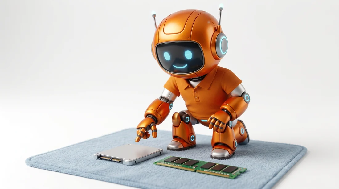 CT-Roboter-Maskottchen hockend bei SSD und RAM – Aufrüsten statt Neukauf – CompTech Wien